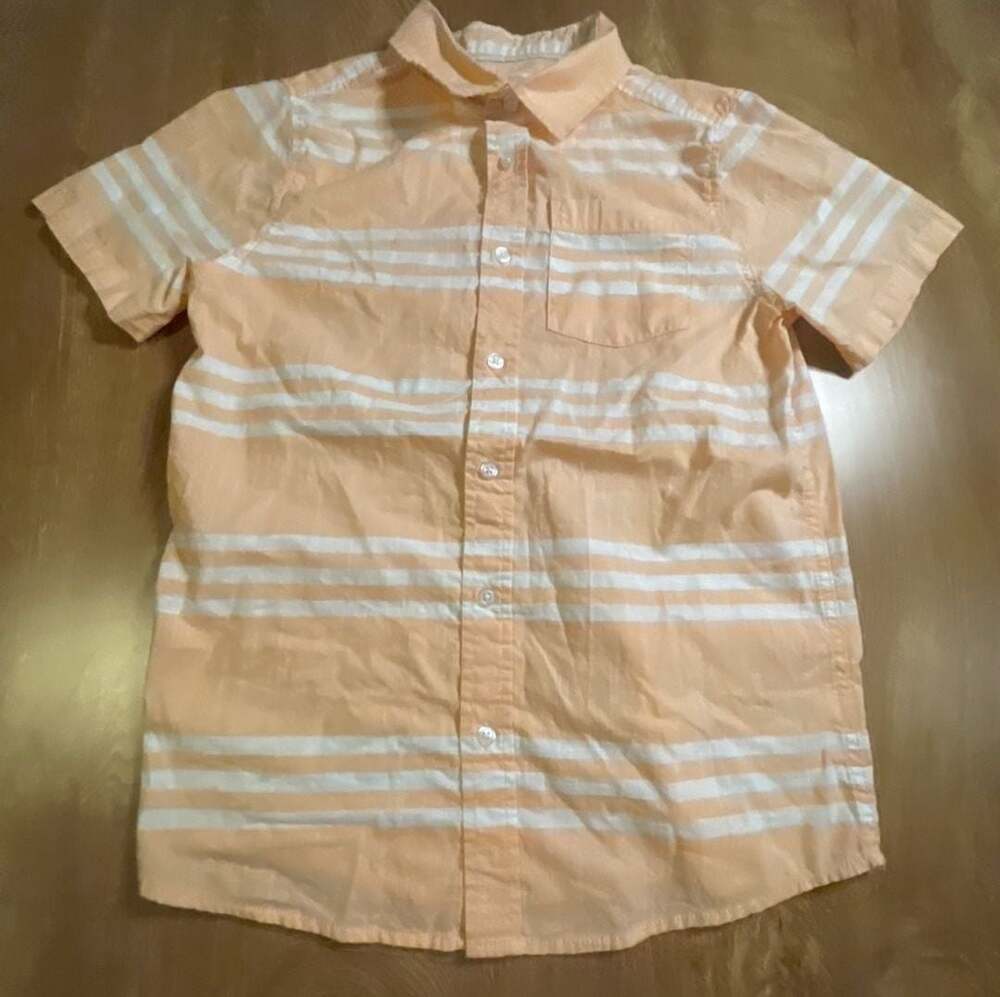 Cat & Jack Boys Short Sleeve Woven Striped Button-Down Shirt, Peach/Orange, Size